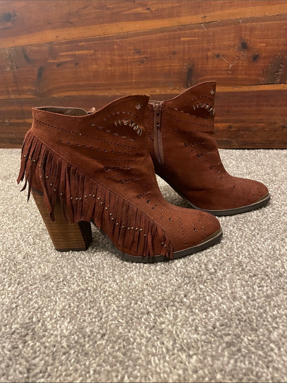 Fringed Suede Ankle Booties - Rust Brown